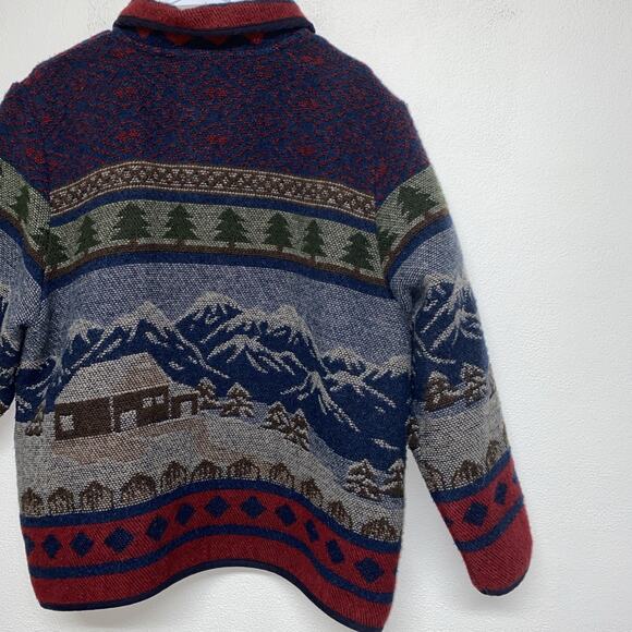 Vintage Cottagecore Jacket Unisex XL Blue Winter Mountains Cabin Wool Cardigan - Picture 8 of 9